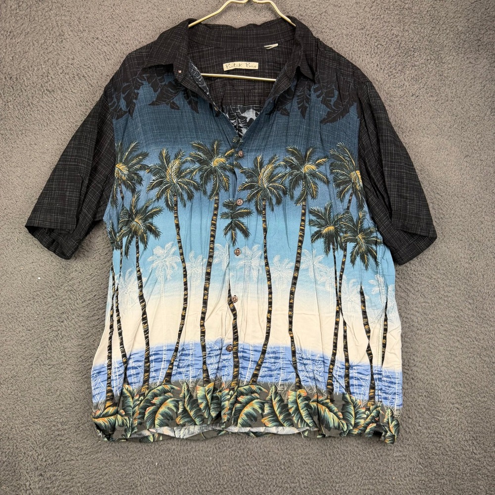 Batik Bay Mens Palm Tree Graphic Button Down Shirt Black Blue XL